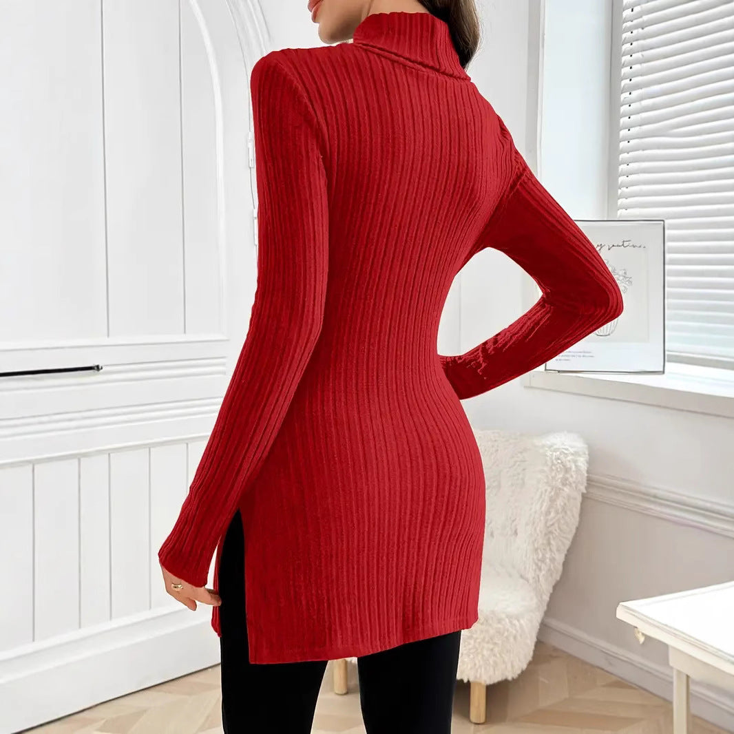 Plus Size Women's Turtleneck Pullover Side Slit Mid-length Sweater