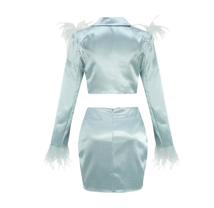 Women Suit Long Sleeve Feather Short Blazers Skirts Top