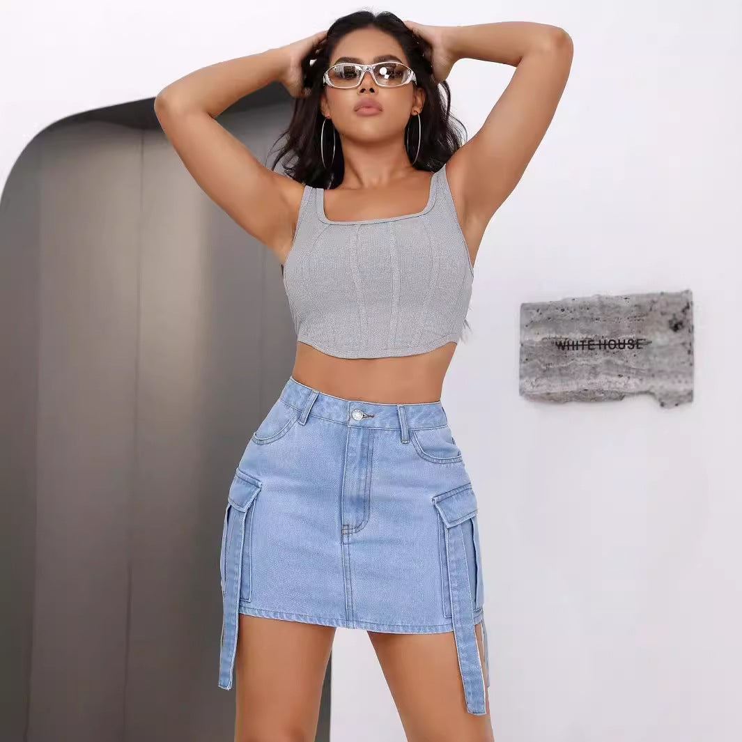 Womens Denim Overalls Casual Skirt With Ribbon Ties