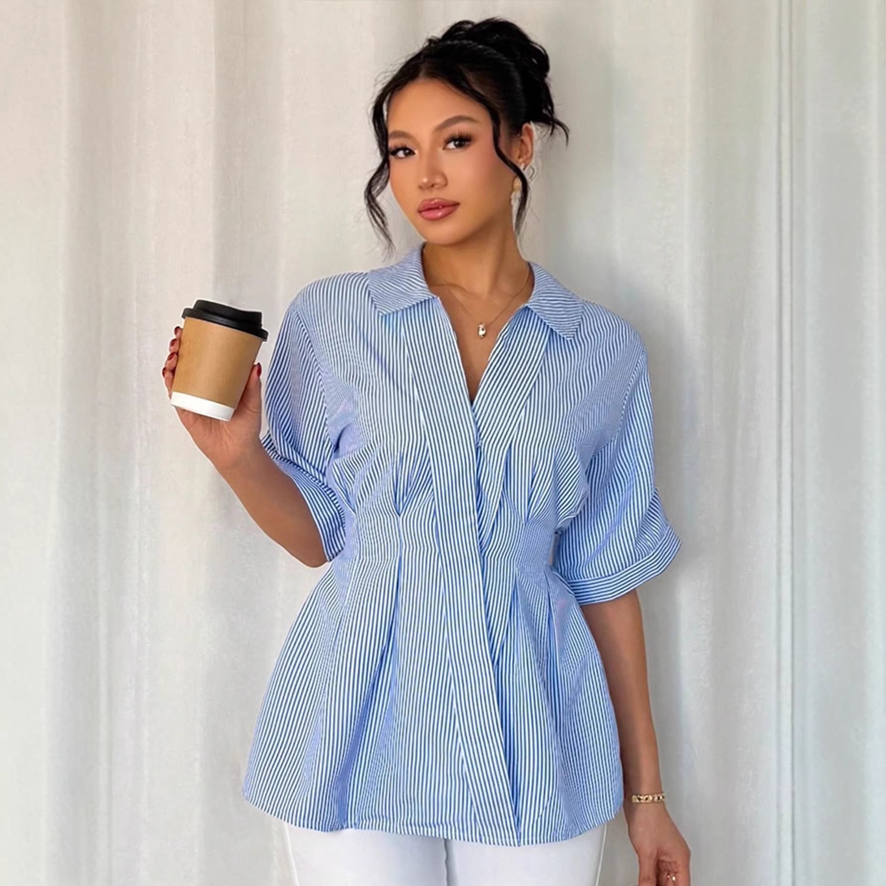 Womens SpringSummer Striped Shirt With V-Neck And Defined Waist For A Slimming Look