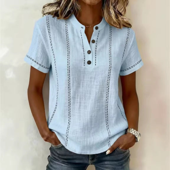 Casual Short-Sleeve Stand-Collar Solid-Color Patchwork Womens Shirt