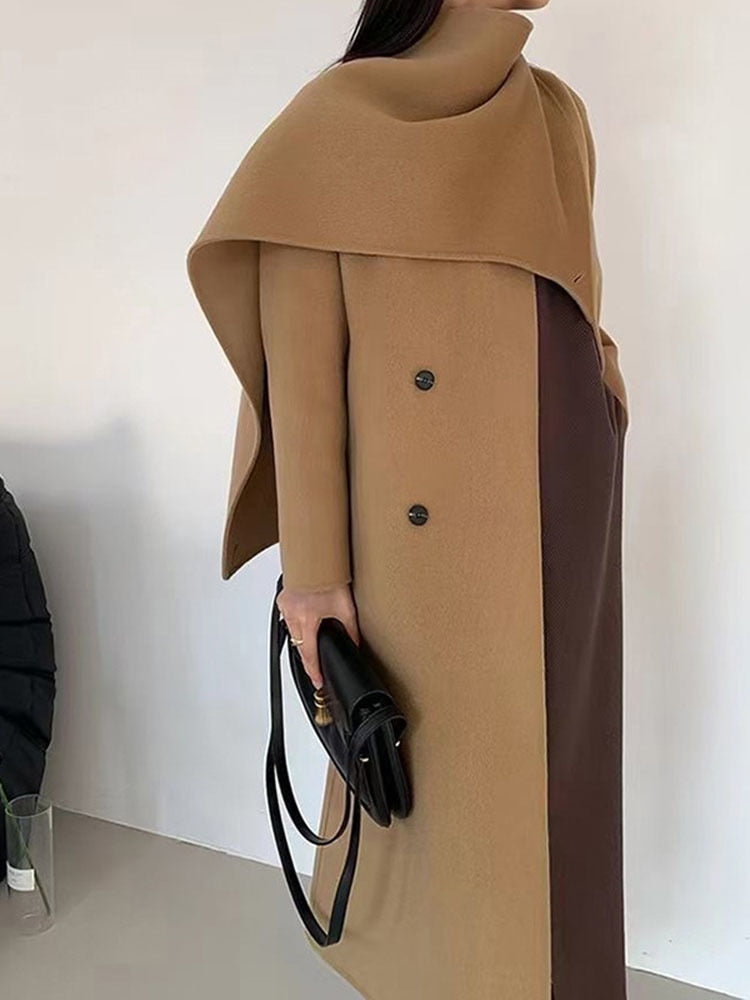 Cappotti con cintura in lana double face da donna autunno e inverno nuovo collo a sciarpa con collo a scialle doppiopetto tinta unita