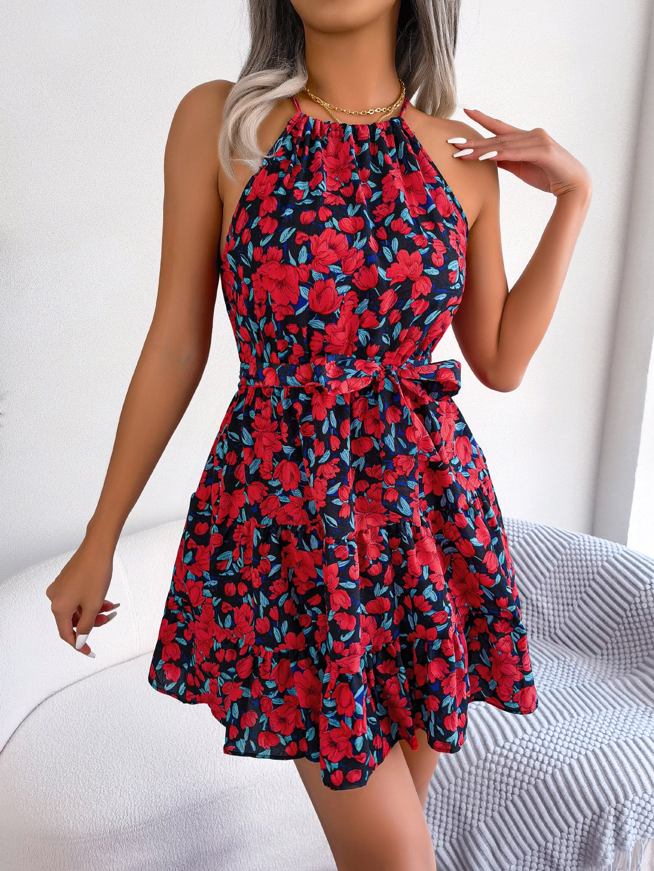Women Casual Ruffle Hem Flowy Floral Print Vacation Dress
