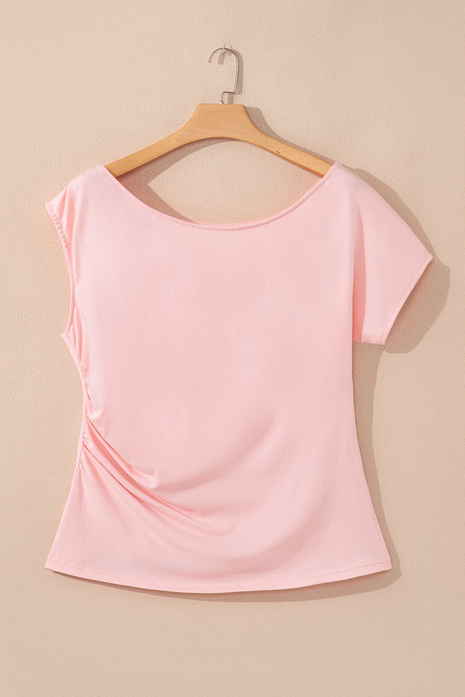 Gossamer Pink Plus Size Solid Color Asymmetric Neck Short Sleeve Blouse