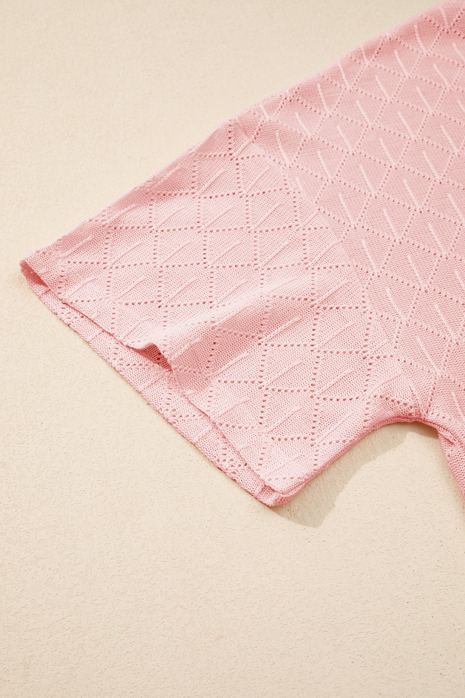 Light Pink Pointelle Rhombus Knit Plus Size V Neck Loose Top