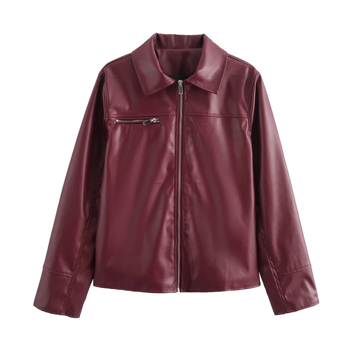 Women's Lapel Zipper Leather Coat