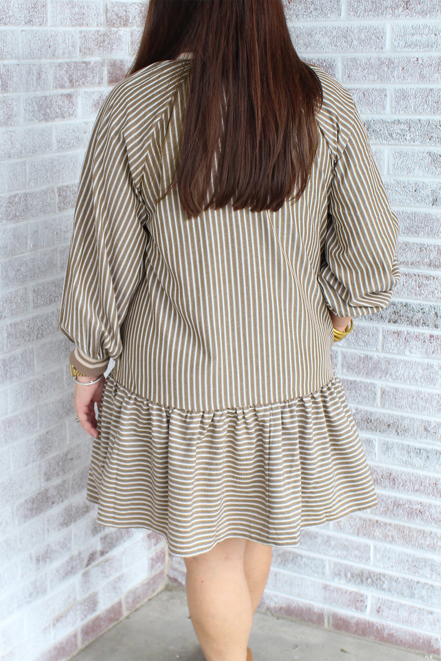 Khaki Stripe Zip up Collared Puff Sleeve Ruffled Plus Size Mini Dress