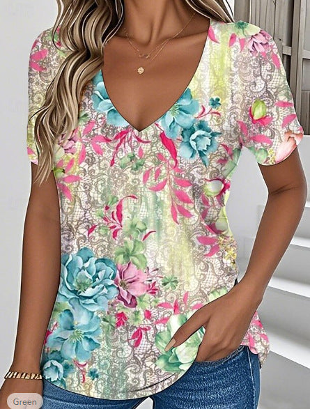 European American Summer New V-neck Floral Casual Short-sleeved Top