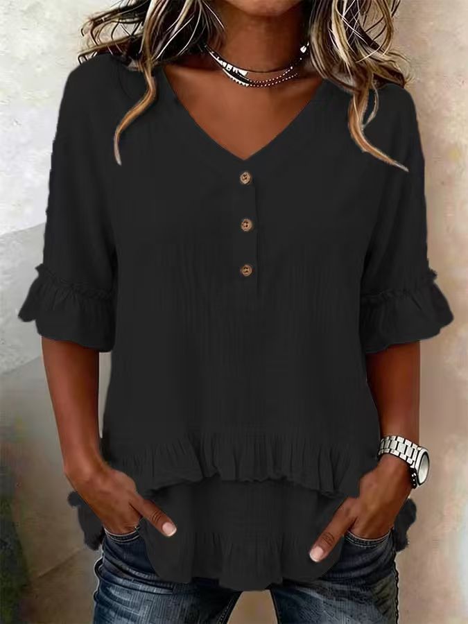Womens Retro V-Neck Ruffled Loose Short-Sleeve Shirt