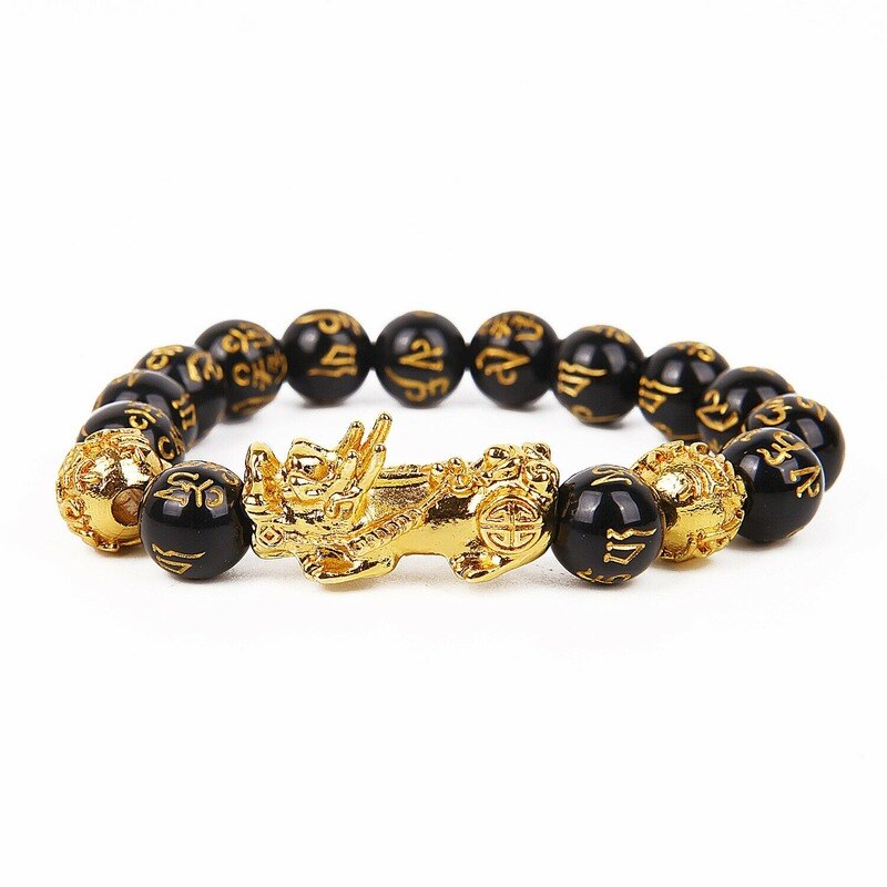 1pc Feng Shui 10-12mm Black Beads Alloy Wealth Bracelet Bangles With Golden Pixiu Charm bracelet Gifts for Men Women