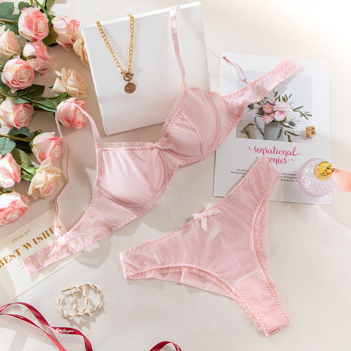 Sexy Mesh Hollow-out Bra Set with Butterfly Knot for Pure Desire Girls - Three-Piece Lingerie Suit