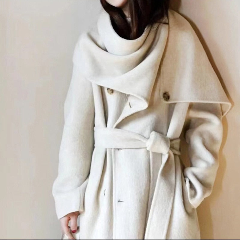 Cappotti con cintura in lana double face da donna autunno e inverno nuovo collo a sciarpa con collo a scialle doppiopetto tinta unita