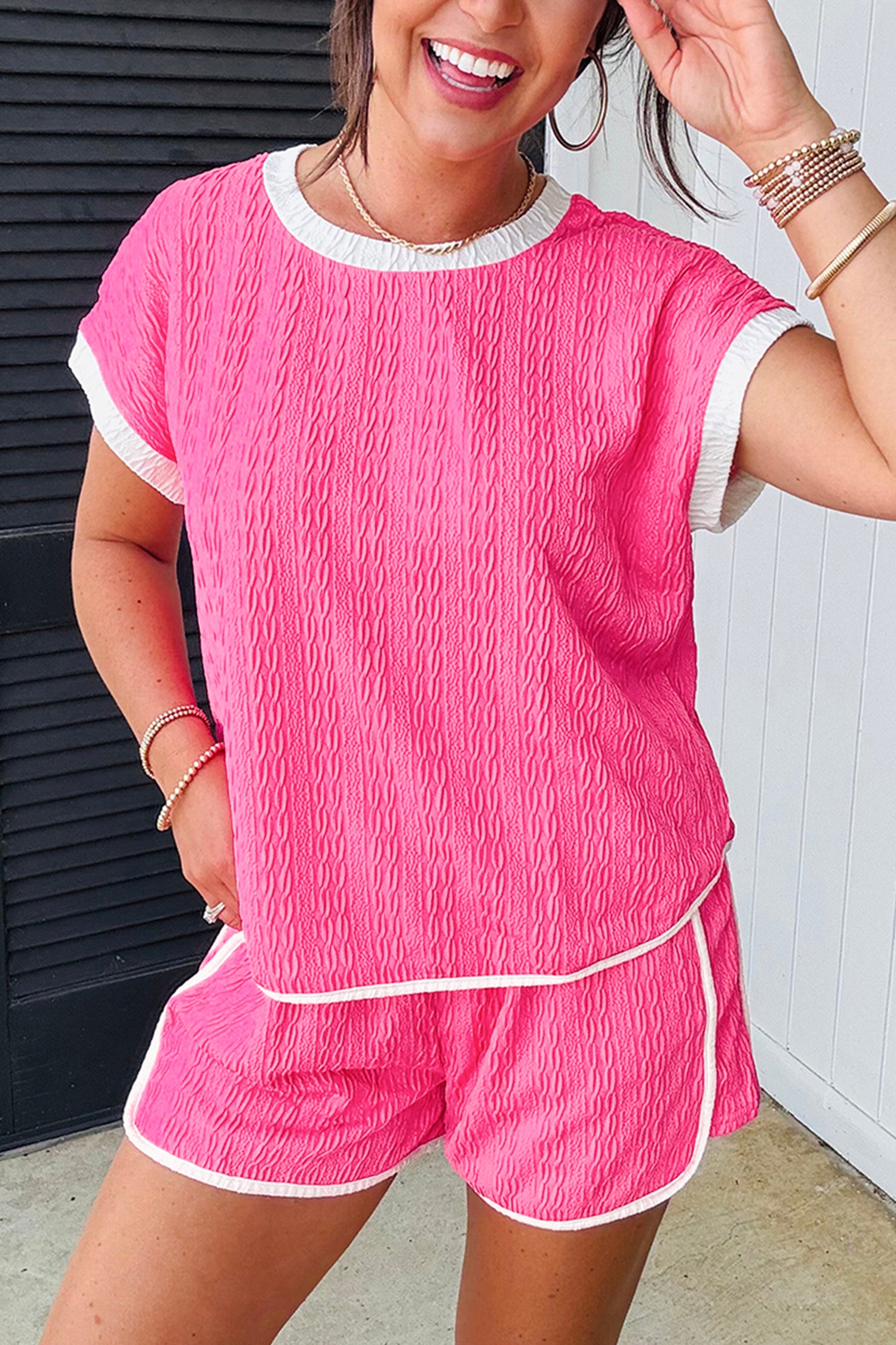 Bright Pink Textured Color Block Trim Loose Tee Drawstring Shorts 2pcs Set