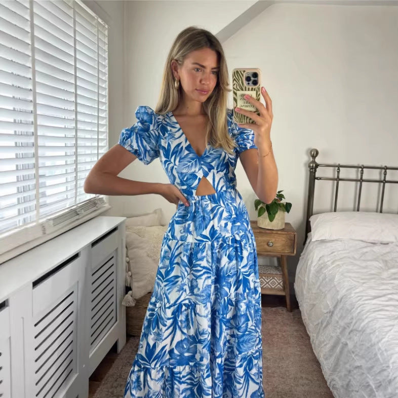 Womens Midriff-baring Backless Lace-up Printed Dress