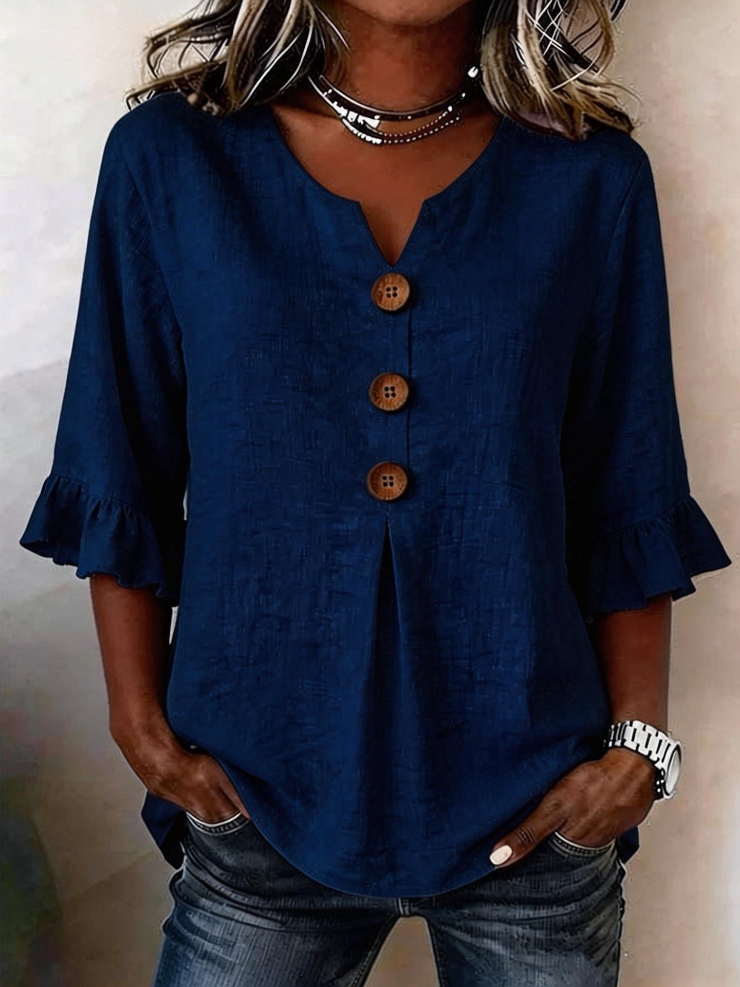 Women's V-neck Cotton-linen Button-up Top
