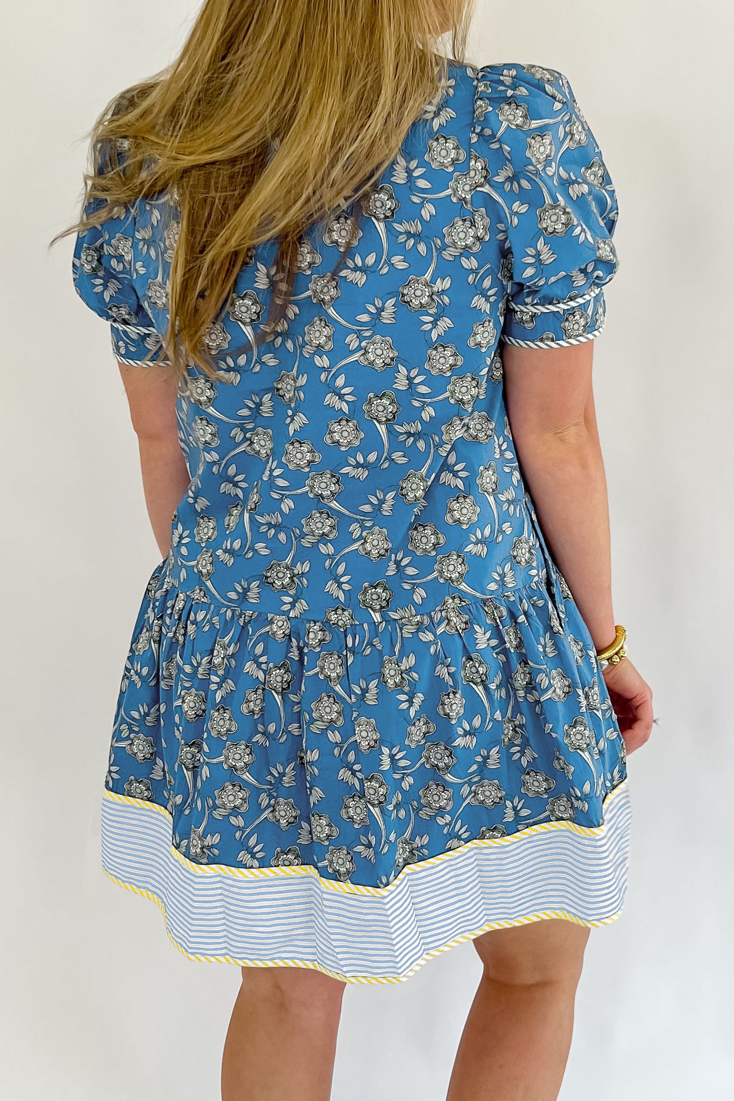 Blue Plus Size Floral Print Striped Patchwork Detail Button Front Ruffle Hem Dress