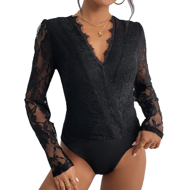 Lace Stitching Long-sleeved Jumpsuit Slim Fit Lace V-neck Hollowed-out Jumpsuit