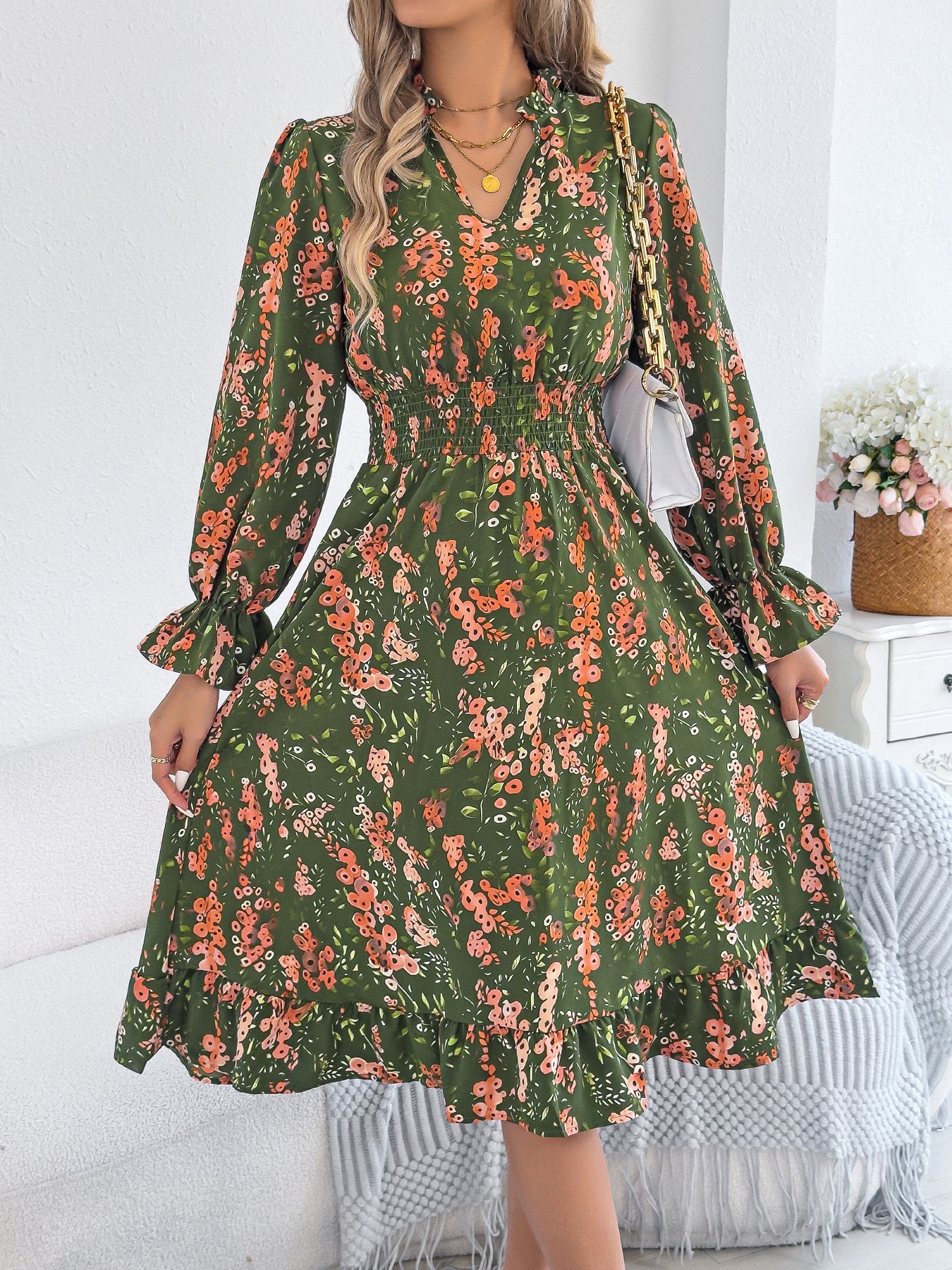 Women's Casual Floral Print Bell Sleeve Tie Waist A-Line Dress