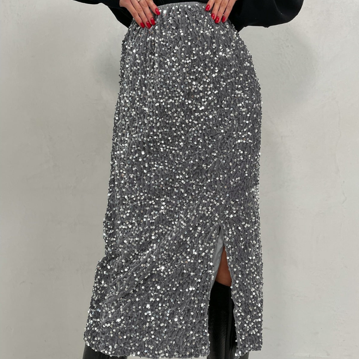 Sequins Skirt Party Sheath High Waist Slit Midi Skirt