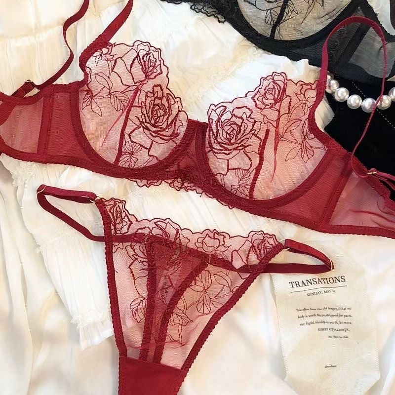 Ultra-thin Mesh Rose Embroidery Anti-sagging Lingerie Set