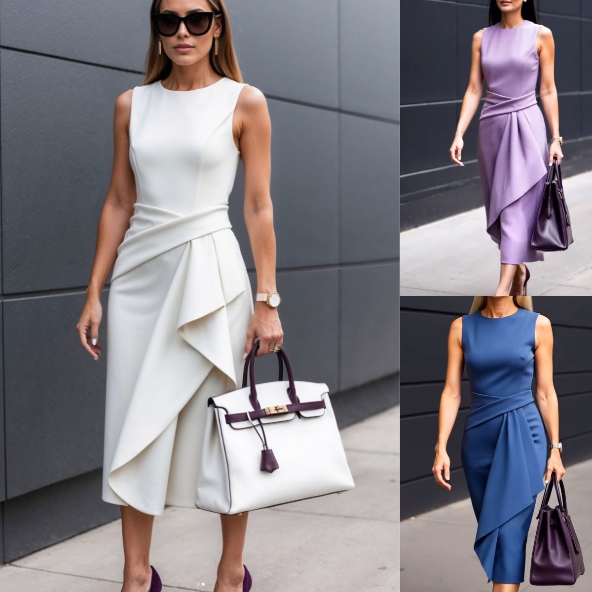 Summer Solid-Color Elegant Waist-Cinching Sleeveless Asymmetrical Dress