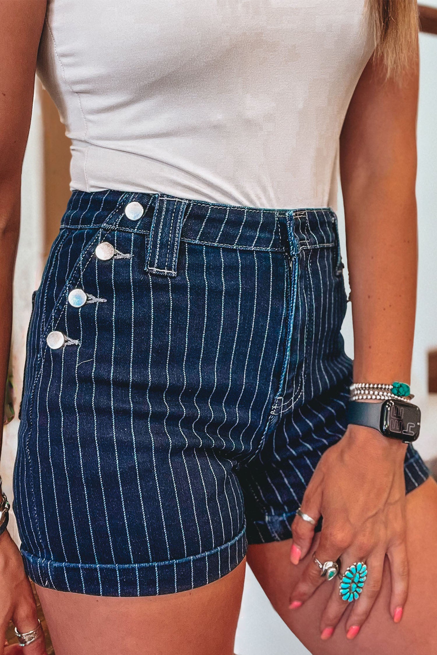 Blue Stripe Metal Button Detail Womens Denim Shorts
