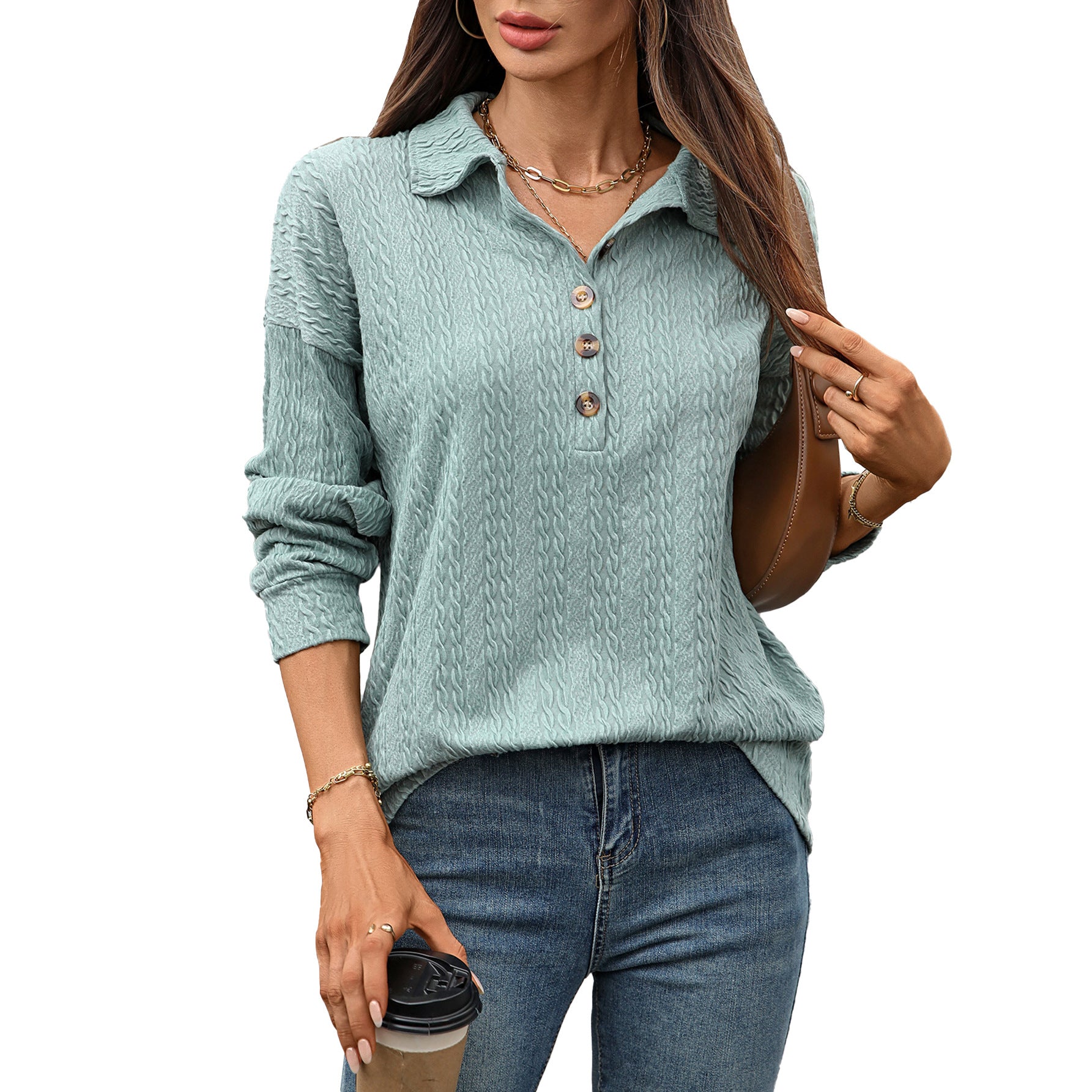 Solid Color Polo Collar Button Loose Long Sleeve Sweatershirt