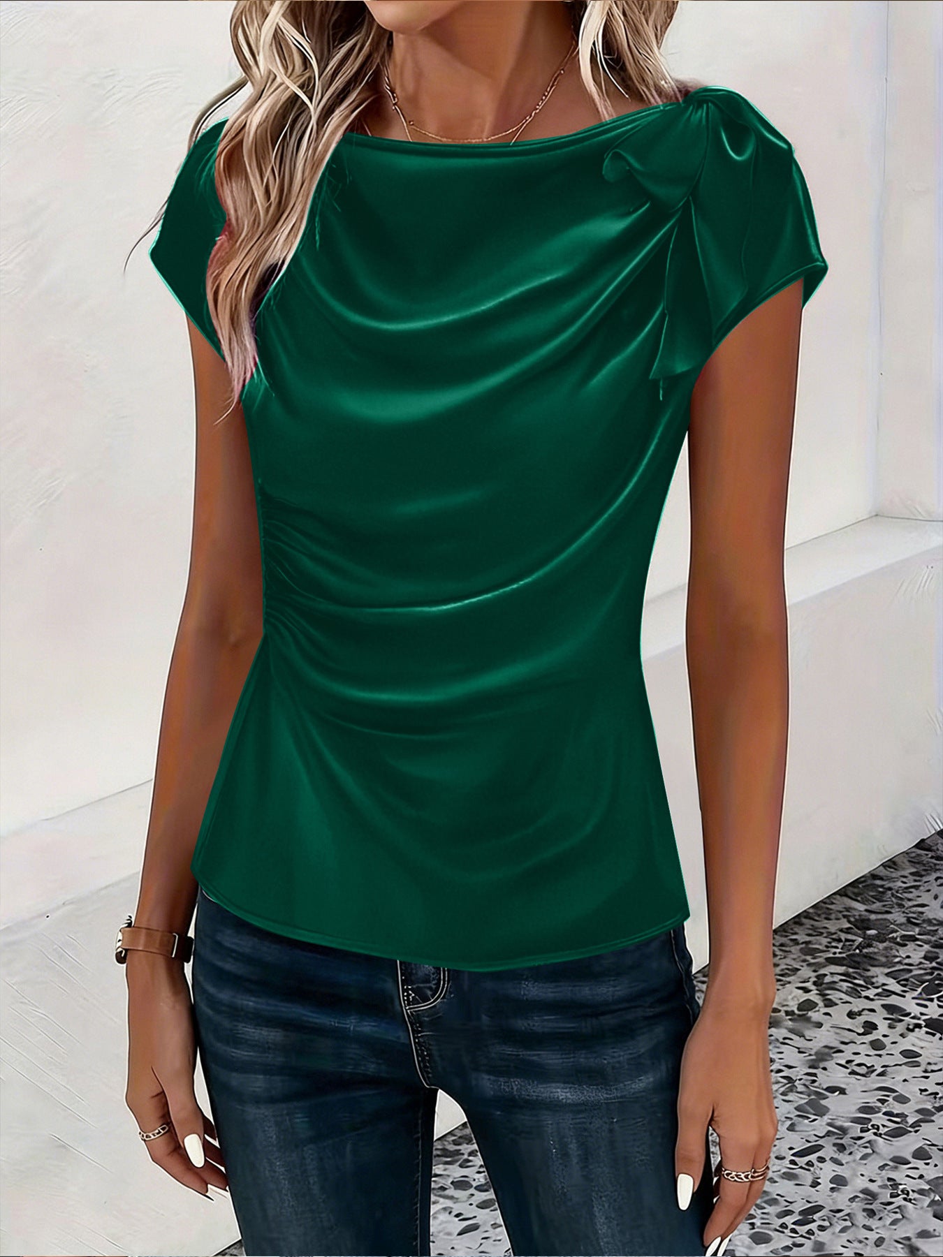 Solid-color Satin Faux-silk Off-the-shoulder Sleeveless Work Top