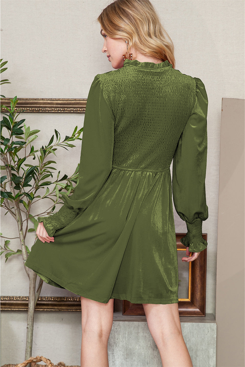 Green Smocked Lantern Sleeve Frilled Velvet Dress