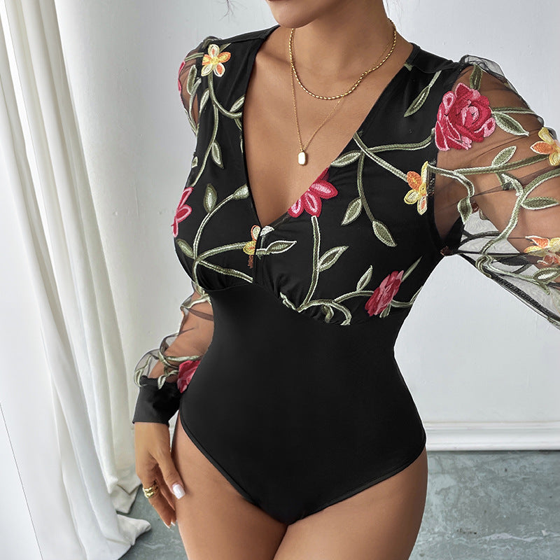 Sexy Romantic Retro Style Lace Long Sleeve Embroidered V-neck Jumpsuit
