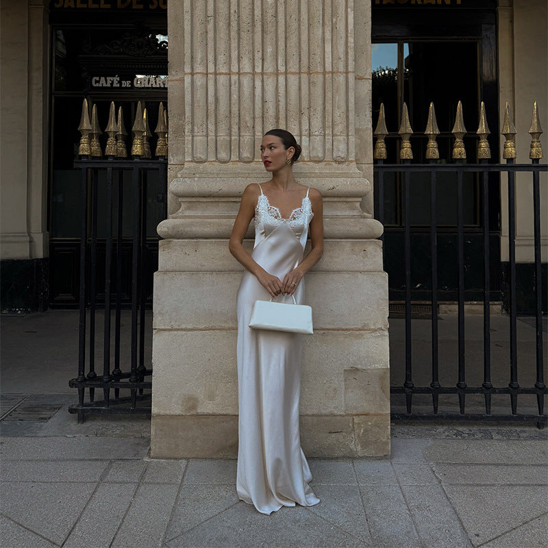 V-neck Lace-panel Long Satin Slip Dress