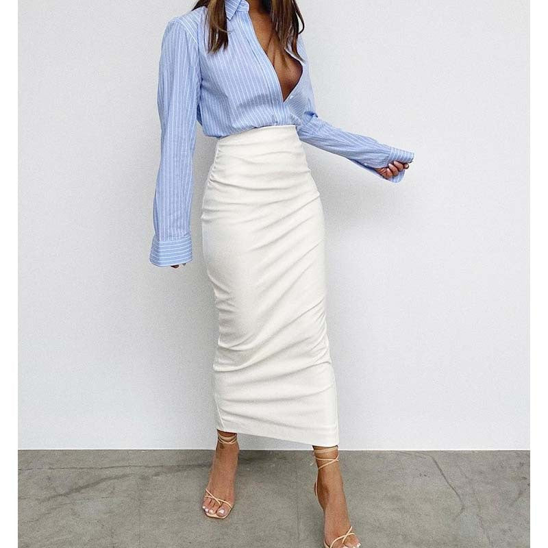Artsu  Elegant Fashion Ruched PU Leather Midi Skirts Women Clubwear Party Office Lady High Waist Skirts Bottom Clothes