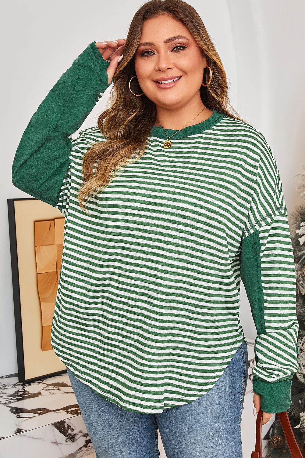Green Stripe Exposed Seam Patchwork Plus Size Thermal Top