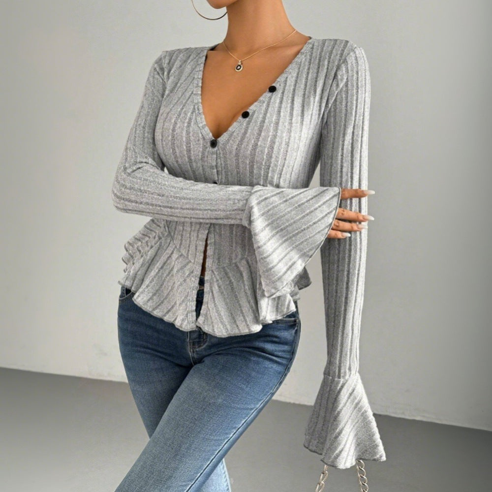 European And American Elegant Style Autumn And Winter New V-neck Ruffled Slim Temperament Top
