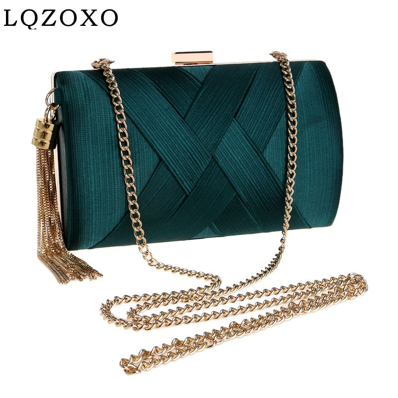 Luxury Lady Women Clutch Bags Tassel Golden Satin Evening Bags Wedding Bridal Handbags Shoulder Chain Purse