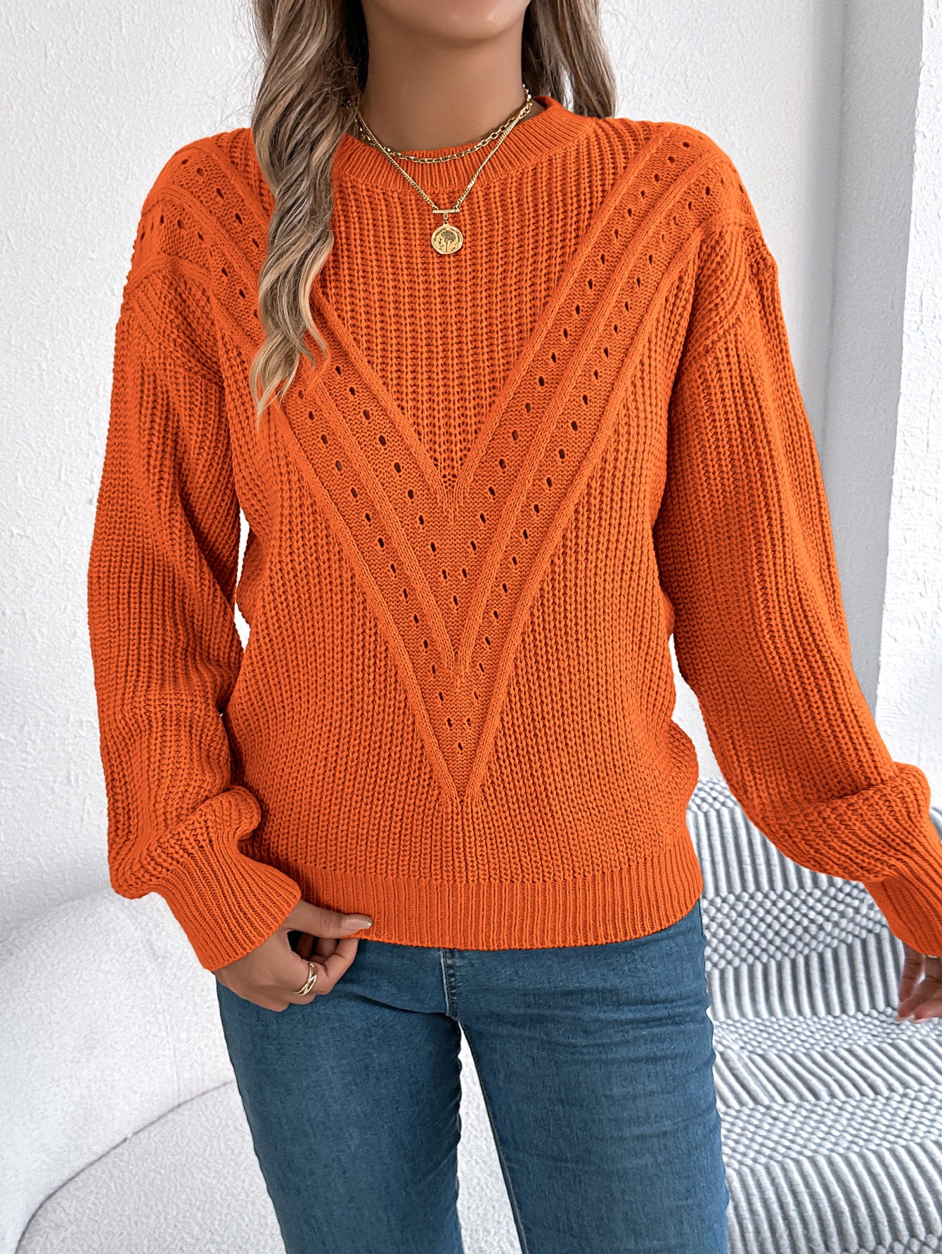 Women Casual Solid Color V-Neck Hollow Out Lantern Sleeve Pullover Sweater