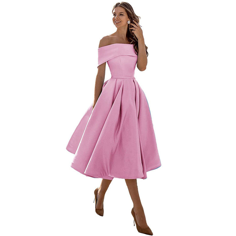 Women's Fashion Casual Strapless Satin Party Dress Off The Shoulder Tea Length Satin Prom Dresses With Pockts Formal Evening Party Dress