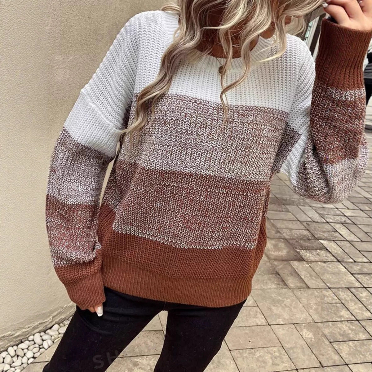 Women's Round-neck Loose Patchwork Color-block Knit Long-sleeve Sweater