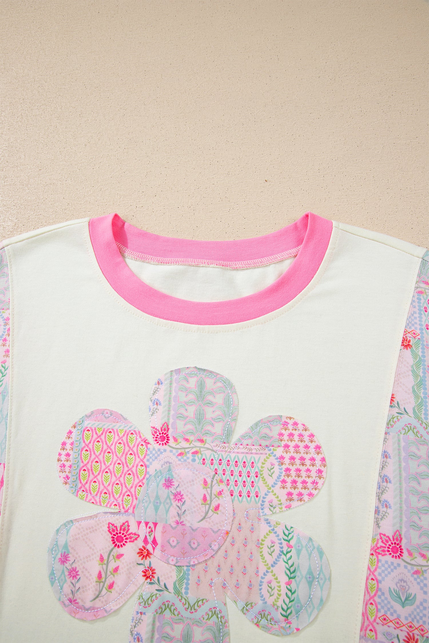 Beige Color Block Floral Patchwork Big Flower Accent Relaxed Top