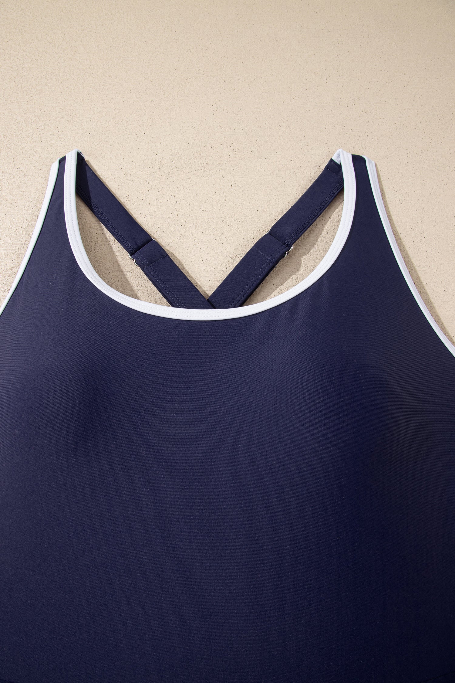 Navy Blue Contrast Edge Ruffled High Waist One Piece Swim Dress