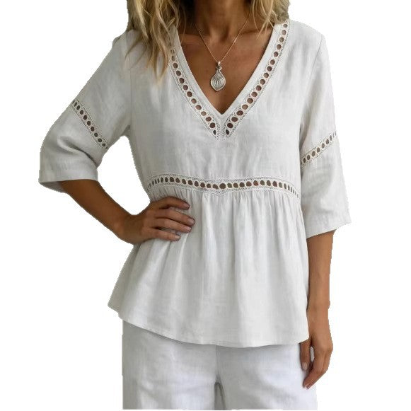 Solid-color V-neck Hollow-out Casual Fringed Top