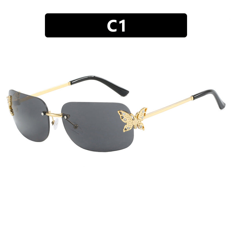 Frameless rectangular butterfly retro women's internet famous street photography diamond studded sunglasses