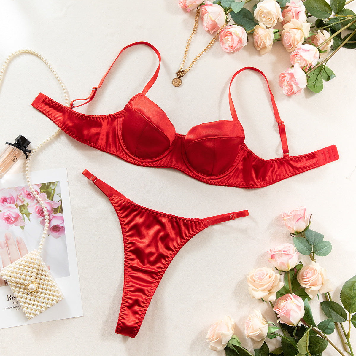 Red Lingerie Set - Sexy Thin Large Bust Minimizer Women's Push-Up Bra and Thong Underwear Set