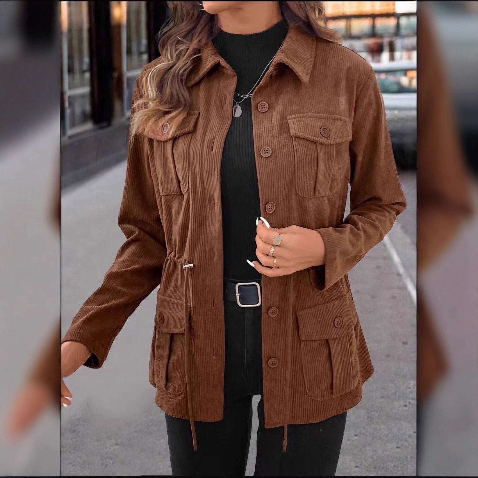 Spring And Autumn Corduroy Jacket Women's Casual Simple Solid Color Polo Collar