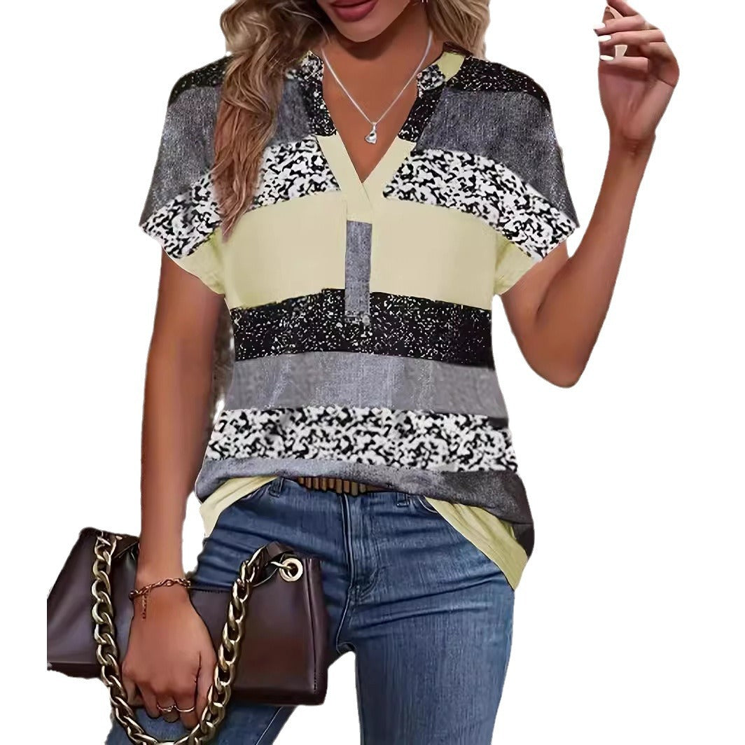 Popular Summer V-neck Striped Short Sleeve Women