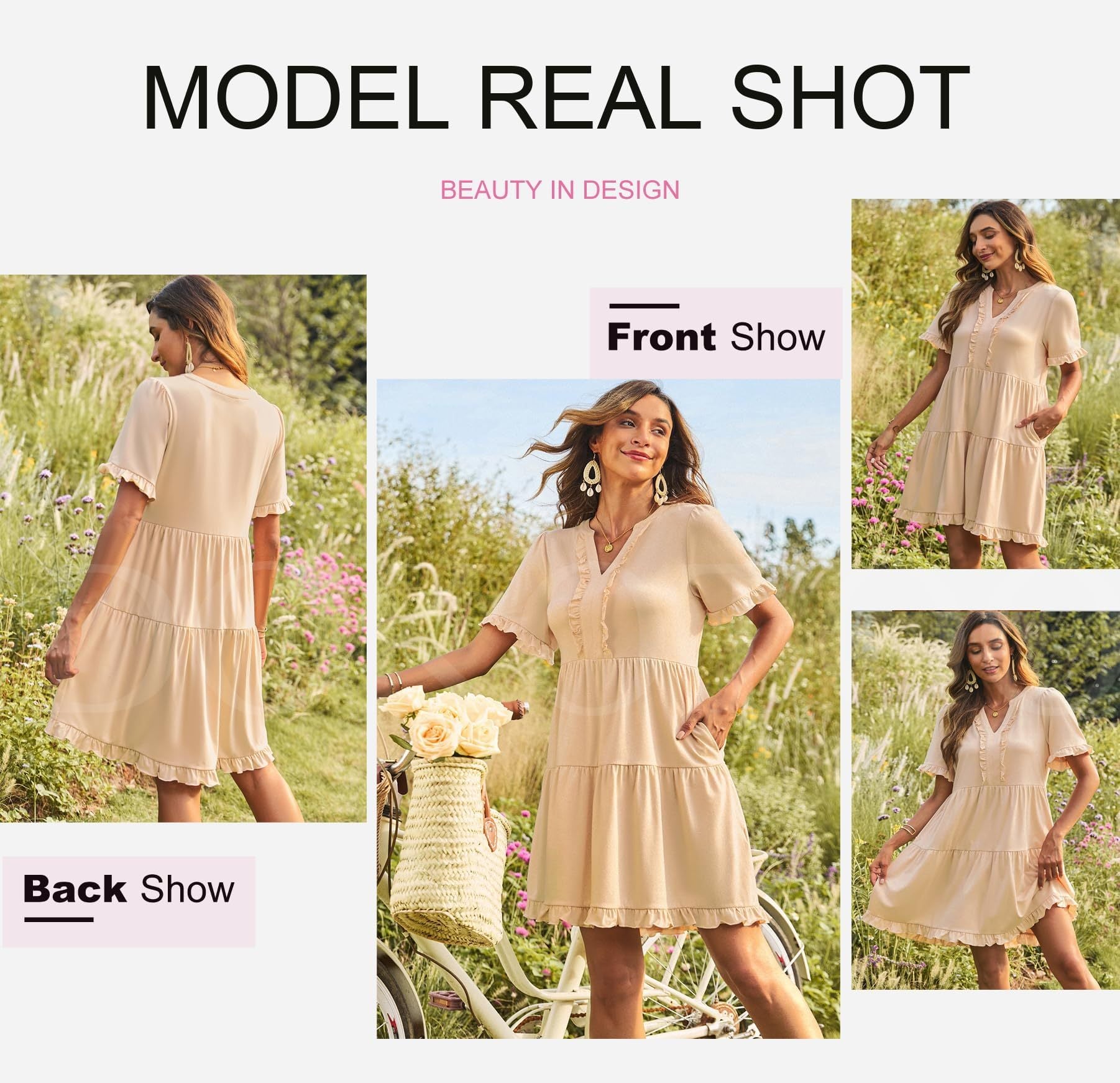Womens Dresses Summer Spring V Neck Short Sleeve Casual A Line Flowy Swing Dress Mini Dress