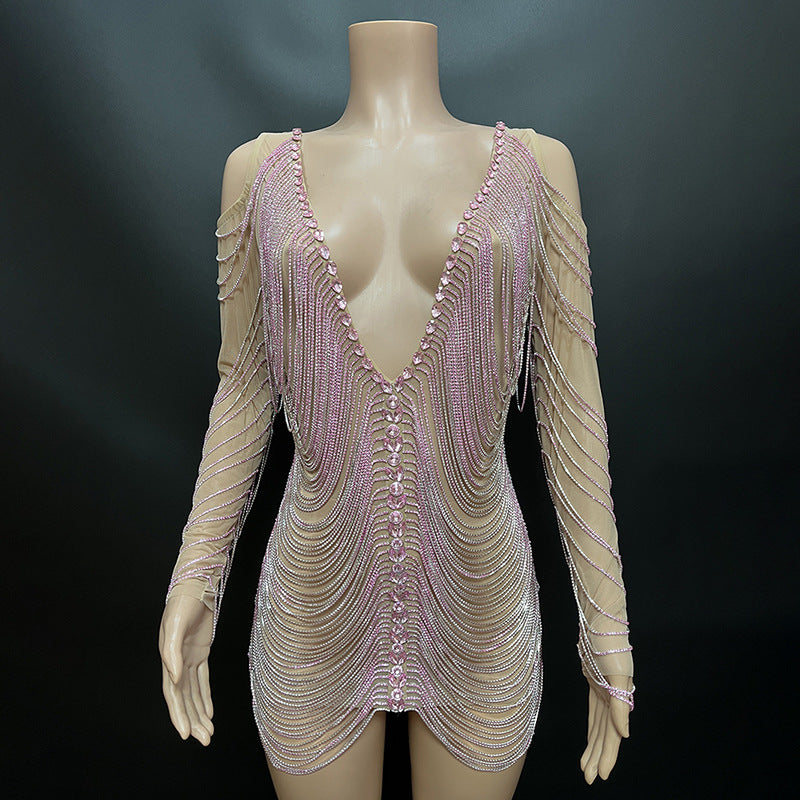 Silver Stretch Rhinestone Drill Chain Tassel Slimming Hip Skirt