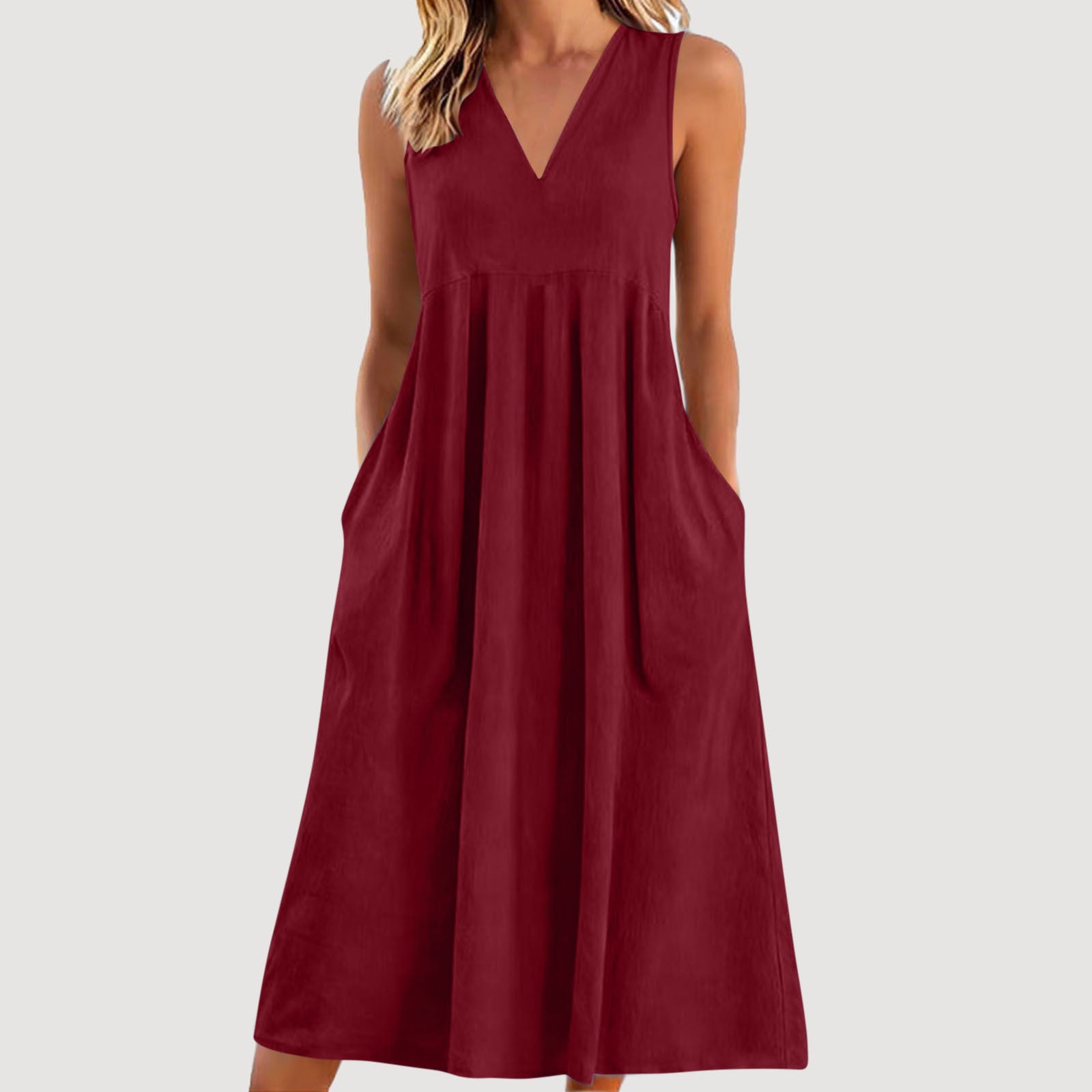 Loose-fitting Cotton-linen Dress With A V-neck And No Sleeves