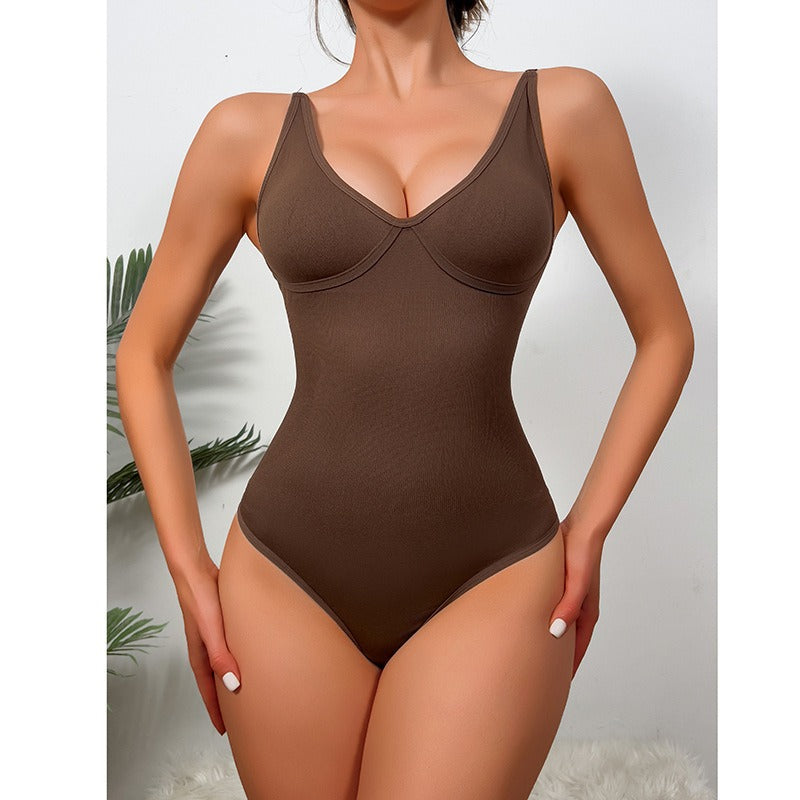 New Deep-V Sexy Form-fitting Waist-cinching Tummy-control Bust-supporting Seamless Thong Bodysuit
