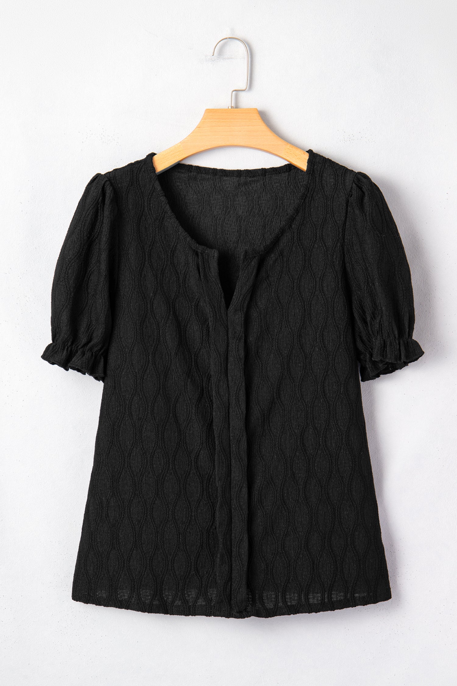Black Solid Color Textured Notched Neck Puff Sleeve Blouse